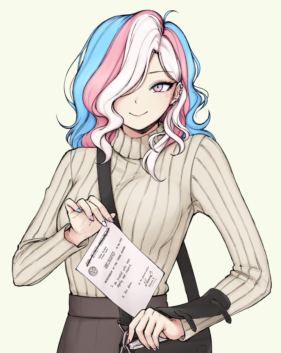 1girl bag blue_eyes blue_hair document ear_piercing eleonore_(pas_(paxiti)) english_text female_focus gradient_eyes hair_over_one_eye handbag highres image_sample multicolored_eyes multicolored_hair nail_polish paper pas_(paxiti) piercing pink_eyes pink_hair signature smile solo stamp standing sweater transgender transgender_flag turtleneck turtleneck_sweater twitter_sample white_hair
