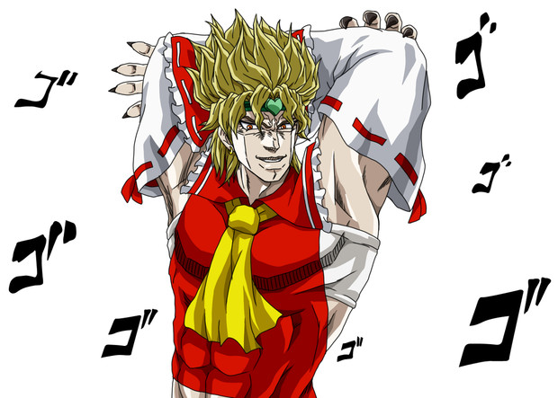 1boy armpits arms_behind_head arms_up black_nails blonde_hair claws cosplay dio_brando evil_grin evil_smile fingernails green_headband grin hakurei_reimu hakurei_reimu_(cosplay) headband heart heart_headband jojo_no_kimyou_na_bouken jojo_pose menacing_(jojo) nail_(hardware) nail_polish necktie red_eyes smile stardust_crusaders touhou vampire