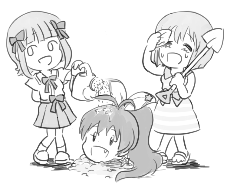 3girls amami_haruka antenna_hair arm_behind_back bow buried cal_(onecmcubed) closed_eyes deformed dress earrings fang full_body ganaha_hibiki greyscale hagiwara_yukiho hair_bow hair_ribbon high_ponytail holding holding_shovel holding_towel holding_watering_can idolmaster idolmaster_(classic) jewelry monochrome multiple_girls nonowa open_mouth pleated_skirt ponytail ribbon sandals shoes short_hair short_sleeves shovel simple_background skirt sleeveless sleeveless_dress smile standing star_(symbol) star_earrings sweat towel waist_bow watering watering_can white_background wiping_forehead