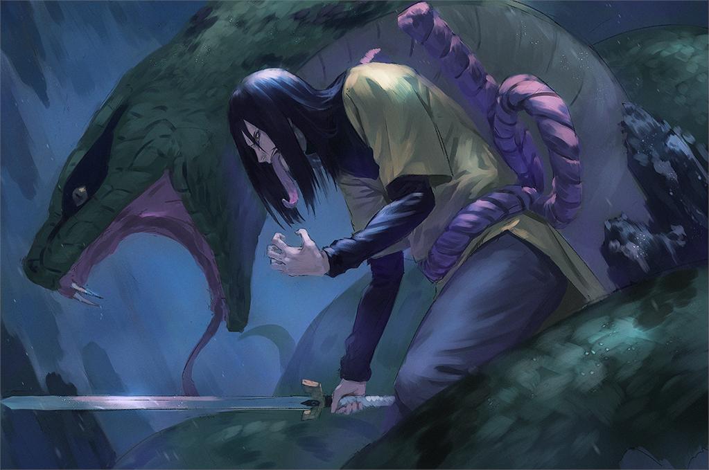 1boy animal black_hair from_side giant_snake grey_pants holding holding_sword holding_weapon japanese_clothes layered_sleeves long_hair long_sleeves long_tongue male_focus manda_(naruto) naruto_(classic) naruto_(series) o-ring orochimaru_(naruto) oversized_animal pants profile short_over_long_sleeves short_sleeves snake solo sword tongue tongue_out very_long_tongue wasabi60 weapon