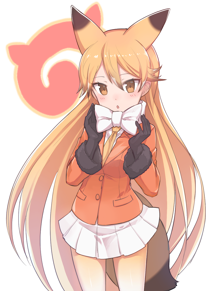 10s 1girl animal_ears black_gloves blonde_hair bow bowtie chestnut_mouth cowboy_shot ezo_red_fox_(kemono_friends) female_focus fox_ears fox_tail gloves jacket japari_symbol kemono_friends kita_kitsune konnyaku_(kk-monmon) long_hair looking_at_viewer miniskirt necktie orange_jacket pleated_skirt shirt simple_background skirt solo standing tail tsurime very_long_hair white_background white_bow white_bowtie white_shirt yellow_eyes yellow_necktie