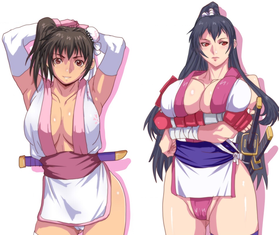 2girls armpits arms_up bandages black_hair breasts breasts_squeezed_together brown_eyes brown_hair cameltoe cleavage crossed_arms expressionless gemuo huge_breasts ikuranokami_sakura ikuranokami_shigure katana ninja large_breasts lipstick long_hair looking_at_viewer makeup multiple_girls ninja panties pink_lips pink_panties red_eyes satomori_no_miko_daisshou_sanjo_sakura_hen skindentation smile sword underwear weapon white_background white_panties