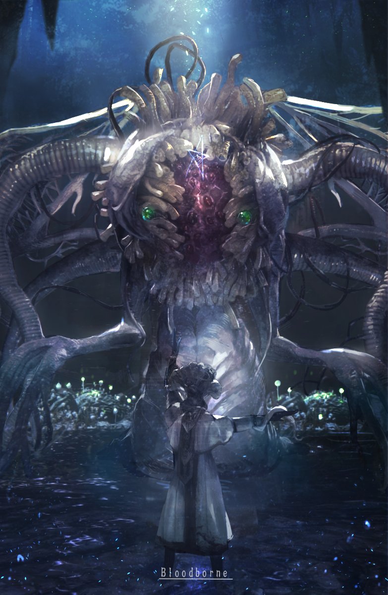 1boy alien alternate_form bad_id bad_twitter_id black_footwear black_gloves bloodborne boots cave commentary copyright_name dark ebrietas_daughter_of_the_cosmos elbow_gloves eldritch_abomination extra_arms facing_away full_body gloves green_eyes highres hunter_(bloodborne) hunter_(bloodborne)_(milkweed) light_particles light_rays looking_at_another mono_(jdaj) monster outstretched_arm outstretched_hand robe size_difference skeletal_wings slug stalagmite star_(symbol) tentacles white_robe wings