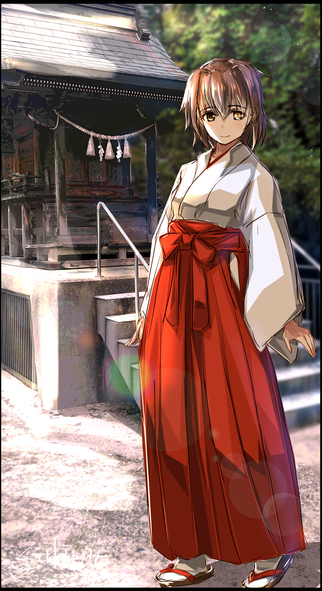 1girl alternate_costume brown_eyes brown_hair day full_body furutaka_(kancolle) hair_between_eyes hakama hakama_skirt heterochromia highres japanese_clothes kantai_collection kimono looking_at_viewer miko outdoors red_hakama sandals seitei_(04seitei) short_hair shrine skirt smile solo stairs standing tabi white_kimono yellow_eyes zouri