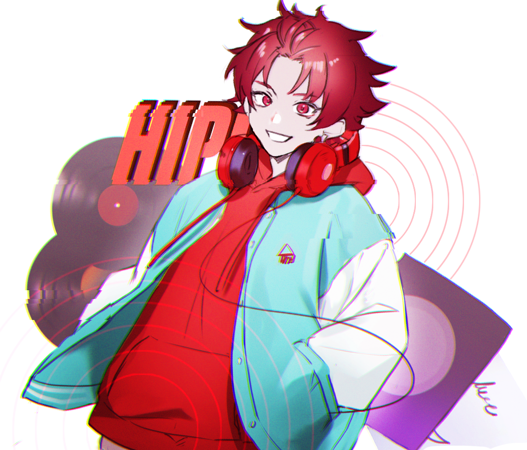 1boy blue_jacket commentary earrings headphones jacket jewelry long_sleeves looking_at_viewer male_focus nyamnyam0502 paradox_live red_eyes red_hair red_shirt shirt short_hair smile solo sugasano_allen white_background