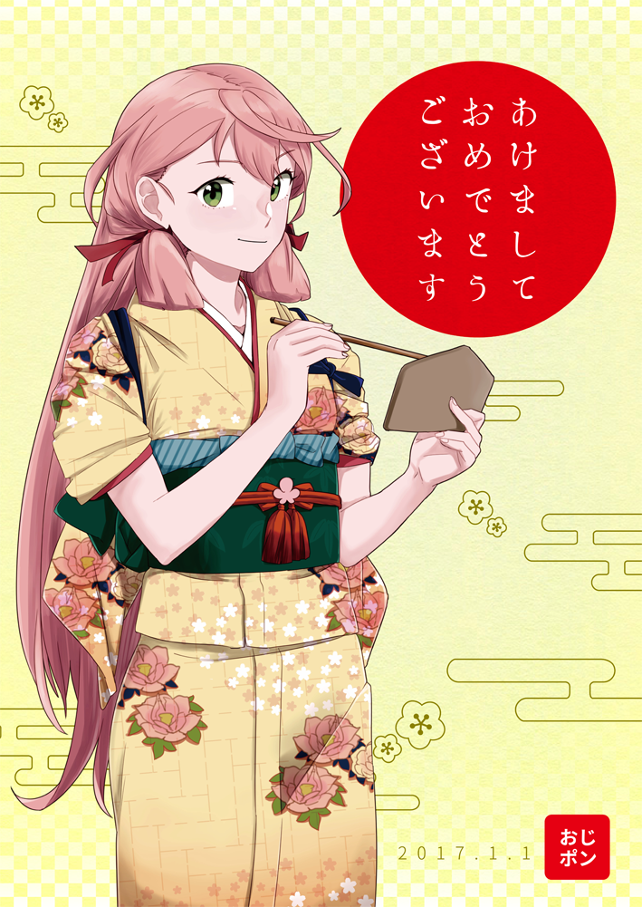 10s 1girl 2017 akashi_(kancolle) akashi_(new_year)_(kancolle) akeome calligraphy_brush dated ema female_focus floral_print green_eyes hair_ribbon happy_new_year japanese_clothes kantai_collection kimono long_hair looking_at_viewer new_year obi ojipon paintbrush pink_hair ribbon sash sleeves_pushed_up smile solo tasuki tress_ribbon twintails yellow_kimono yukata