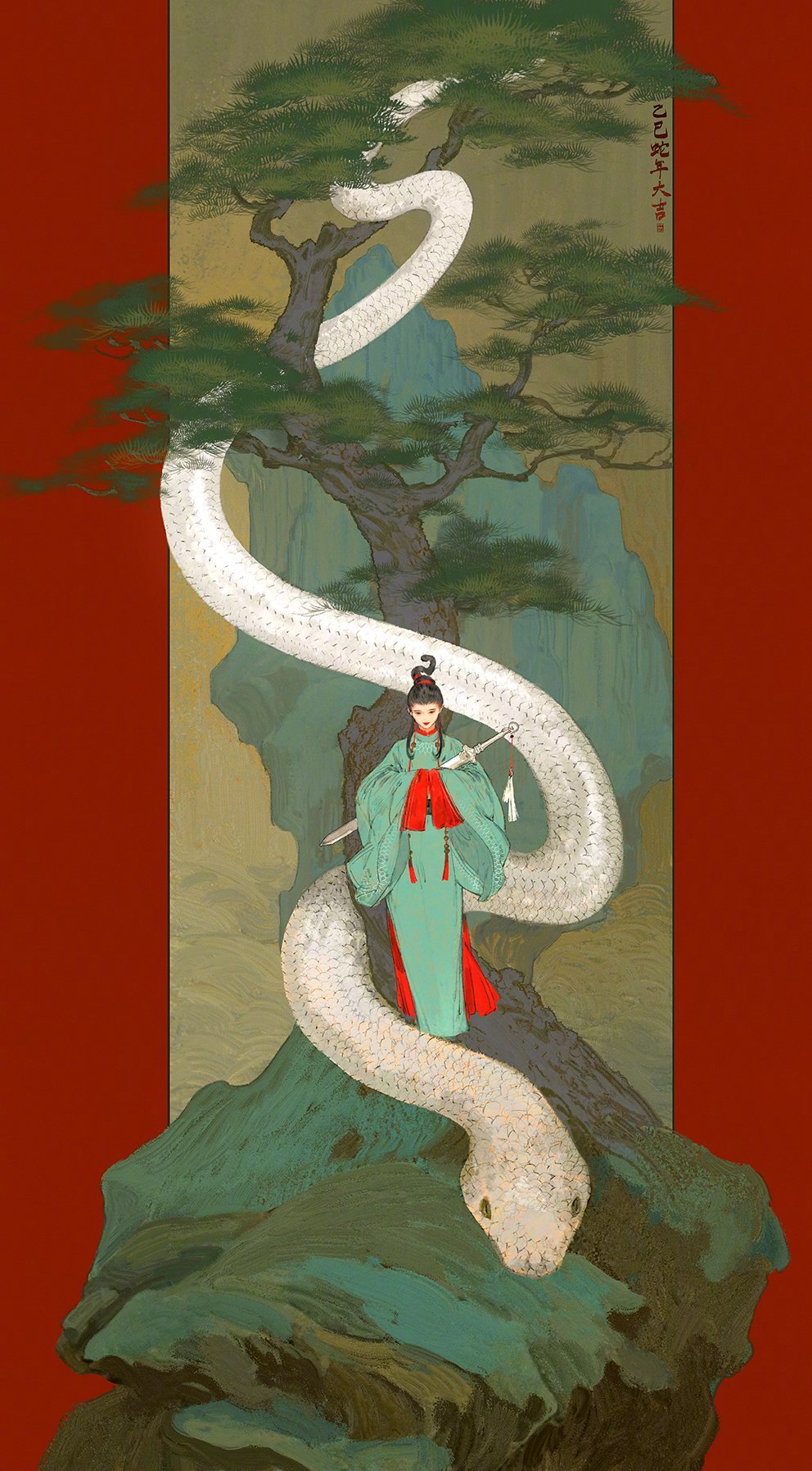 1girl animal aqua_hanfu black_hair chinese_clothes chinese_commentary hanfu highres ibuki_satsuki jian_(weapon) ling_she_ji long_sleeves original oversized_animal red_lips snake solo sword tall_hair tree two-tone_hanfu weapon white_snake wide_sleeves wuxia yuanlingpao zhongguo_hua