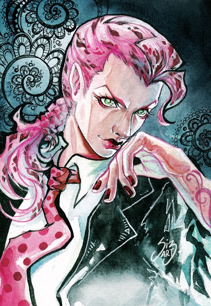 1boy alternate_costume arm_tattoo braid collared_shirt diavolo formal_clothes green_eyes jojo_no_kimyou_na_bouken long_hair looking_at_viewer makeup male_focus nail_polish necktie painting_(medium) pink_hair pink_necktie polka_dot polka_dot_hair polka_dot_necktie red_lips red_nails shirt si3art signature single_braid solo suit tattoo traditional_media vento_aureo watercolor_(medium)