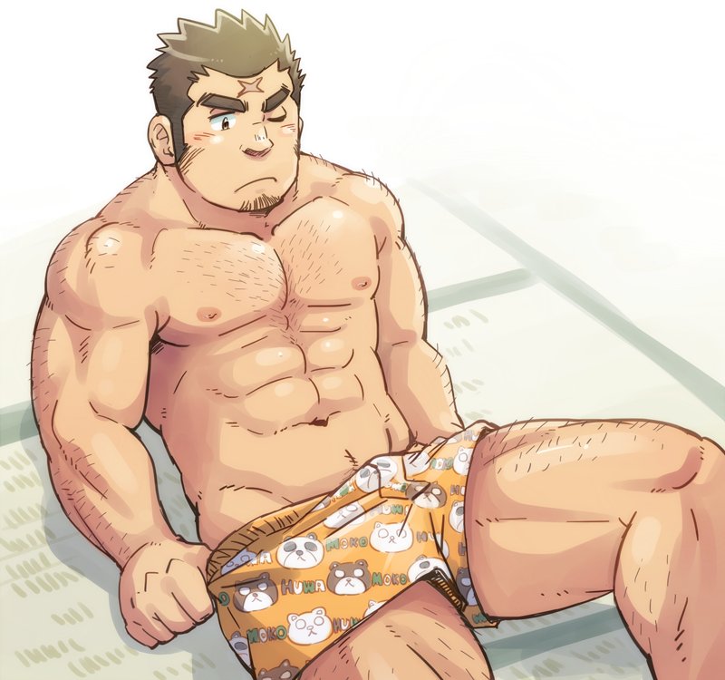 1boy abs animal_print arm_hair bara blush boxers brown_hair bulge chest_hair cross_scar facial_hair feet_out_of_frame hairy houzouin_oniwaka large_pectorals leg_hair long_sideburns male_focus male_underwear male_underwear_pull muscular muscular_male navel navel_hair nipples one_eye_closed orange_boxers orange_male_underwear pectorals print_boxers print_clothes print_male_underwear print_underwear pulling_own_clothes scar scar_on_face scar_on_forehead short_hair sideburns sitting solo spiked_hair stomach stubble suv_(suv032) thick_eyebrows thick_thighs thighs tokyo_houkago_summoners topless_male underwear underwear_only undressing