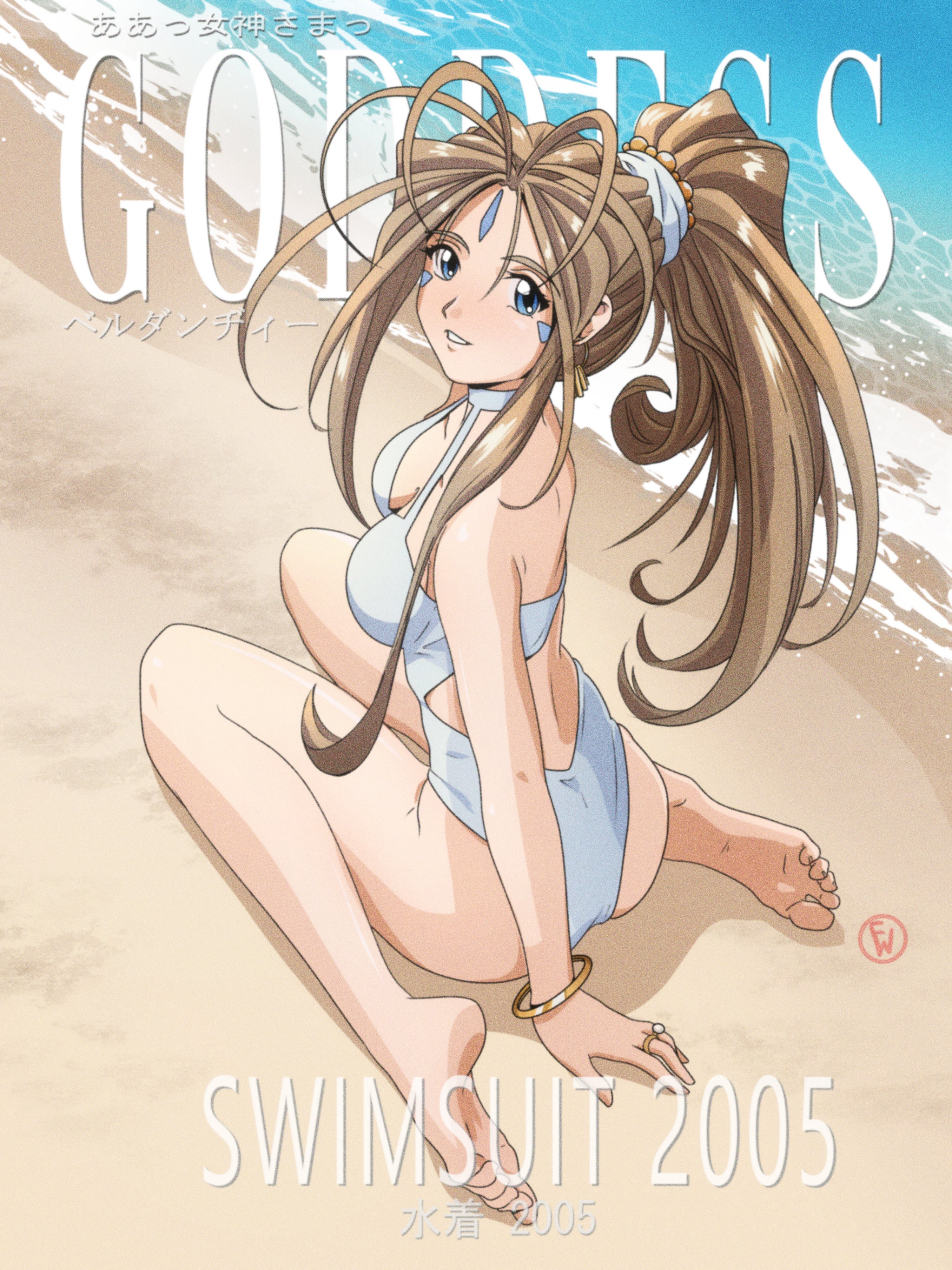 1girl 2000s_(style) 2005 aa_megami-sama absurdres back_cutout barefoot beach belldandy blonde_hair bracelet breasts clothing_cutout commentary english_commentary facial_hair facial_mark forehead_mark fritz_willie from_behind full_body high_ponytail highres jewelry long_hair ocean one-piece_swimsuit ponytail ring sitting soles solo swimsuit toes wariza white_one-piece_swimsuit