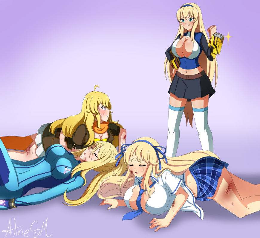 4girls ahoge alinesm bikini blonde_hair blue_bodysuit blue_necktie blue_ribbon blush bodysuit breasts cleavage commission crossover defeat ember_celica_(rwby) fusion gloves hair_ribbon hexafusion holding impossible_bodysuit impossible_clothes katsuragi_(senran_kagura) large_breasts long_hair metroid metroid_dread metroid_fusion mole mole_under_mouth multiple_girls navel necktie nintendo no_bra open_clothes open_shirt plaid_clothes plaid_skirt ponytail purple_eyes ribbon rwby samus_aran senran_kagura senran_kagura_burst senran_kagura_new_link senran_kagura_shoujo-tachi_no_shin&#039;ei shirt skin_tight skirt smile striped_bikini striped_clothes super_smash_bros. swimsuit thighhighs yang_xiao_long zero_suit