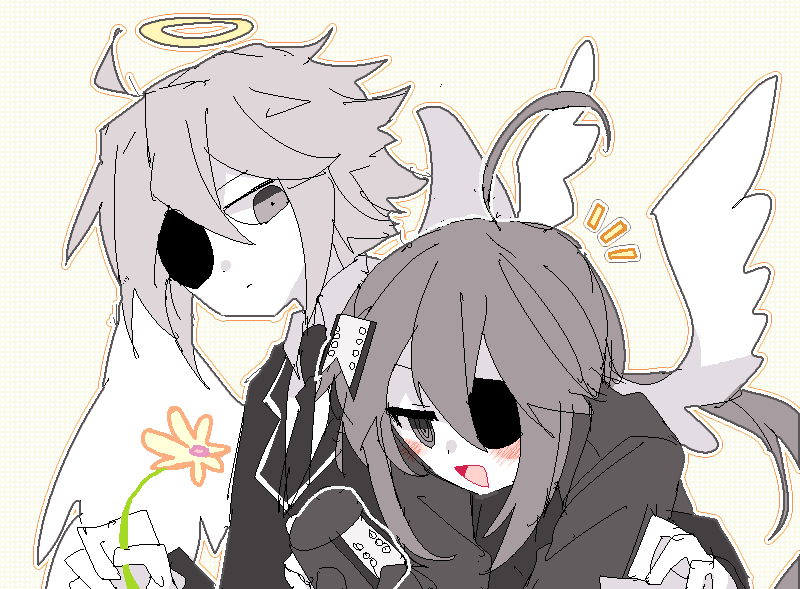 1boy 1girl ahoge alela_grora_(funamusea) black_jacket black_necktie blush closed_mouth collared_shirt colored_skin dot_nose expressionless eyepatch flower funamusea grey_eyes grey_hair grey_jacket haiiro_teien hair_ornament hair_over_eyes hairclip halo hand_up happy holding holding_flower jacket kakketsu looking_at_another looking_down low_ponytail medium_hair necktie nose on_shoulder open_mouth pixel_art ponytail shirt short_hair sidelocks simple_background spiked_hair v-shaped_eyebrows white_skin white_wings wings wodahs_(funamusea) yellow_flower yellow_halo