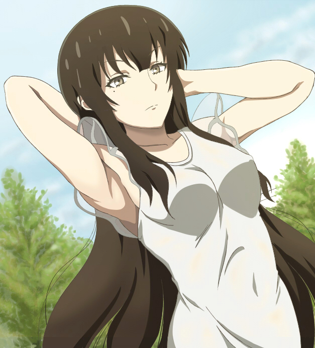 10s 1girl armpits arms_behind_head banboro_(technobot) black_hair breasts brown_eyes closed_mouth collarbone covered_navel day expressionless eyebrows female_focus kujou_sakurako_(sakurako) long_hair looking_at_viewer mole mole_under_eye nature outdoors sakurako-san_no_ashimoto_ni_wa_shitai_ga_umatteiru small_breasts solo tree upper_body