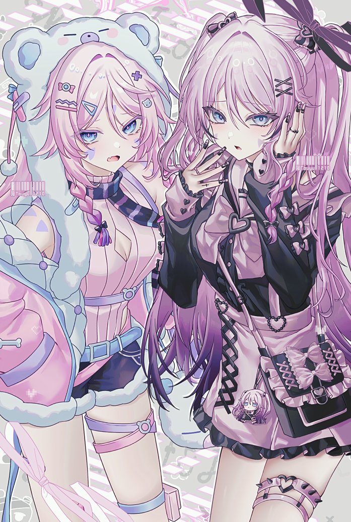 2girls animal_ears bare_shoulders bear_ears black_ribbon black_shirt black_shorts black_skirt blue_eyes blush braid breasts citlali_(genshin_impact) facial_mark forehead_mark genshin_impact hair_ornament hair_ribbon jacket long_hair long_sleeves looking_at_viewer multicolored_hair multiple_girls open_mouth pink_hair pink_jacket pink_pupils pink_skirt pink_sweater ribbon shirt shorts skirt sweater touyu_1210 triangle triangle_facial_mark twintails x_hair_ornament