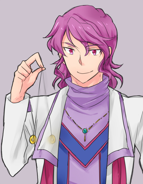 1boy akimoto_(akimomomoto) bad_id bad_pixiv_id coin holed_coin male_focus pendulum purple_background purple_eyes purple_hair shuu_shirakawa smile solo super_robot_wars super_robot_wars_the_lord_of_elemental upper_body