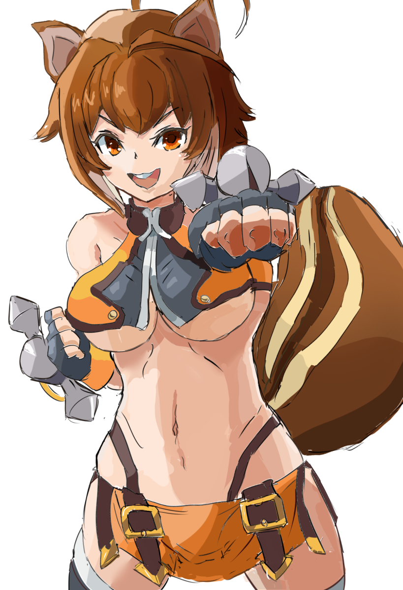 1girl animal_ears bare_shoulders blazblue breasts brown_hair fingerless_gloves gloves highres large_breasts makoto_nanaya microskirt short_hair skirt sleeveless squirrel_ears squirrel_tail sue_den tail tonfa underboob weapon white_background