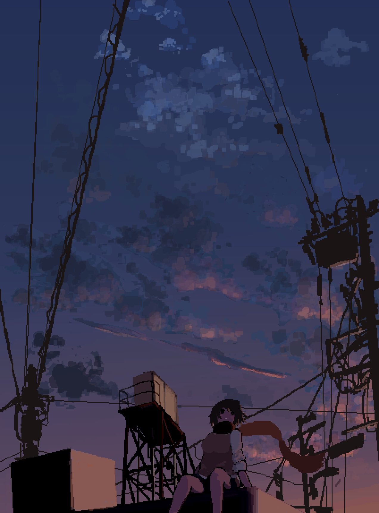 1girl :o atmospheric_perspective black_eyes black_shoes brown_hair building cloud cloudy_sky fireworks from_below highres hisachan55cute mask mouth_mask multicolored_shirt no_humans original pixel_art power_lines red_scarf scarf scenery shirt shoes short_hair silhouette sitting_on_building sky sky_focus sleeves_rolled_up solo sunset upper_body utility_pole water_tower white_shirt