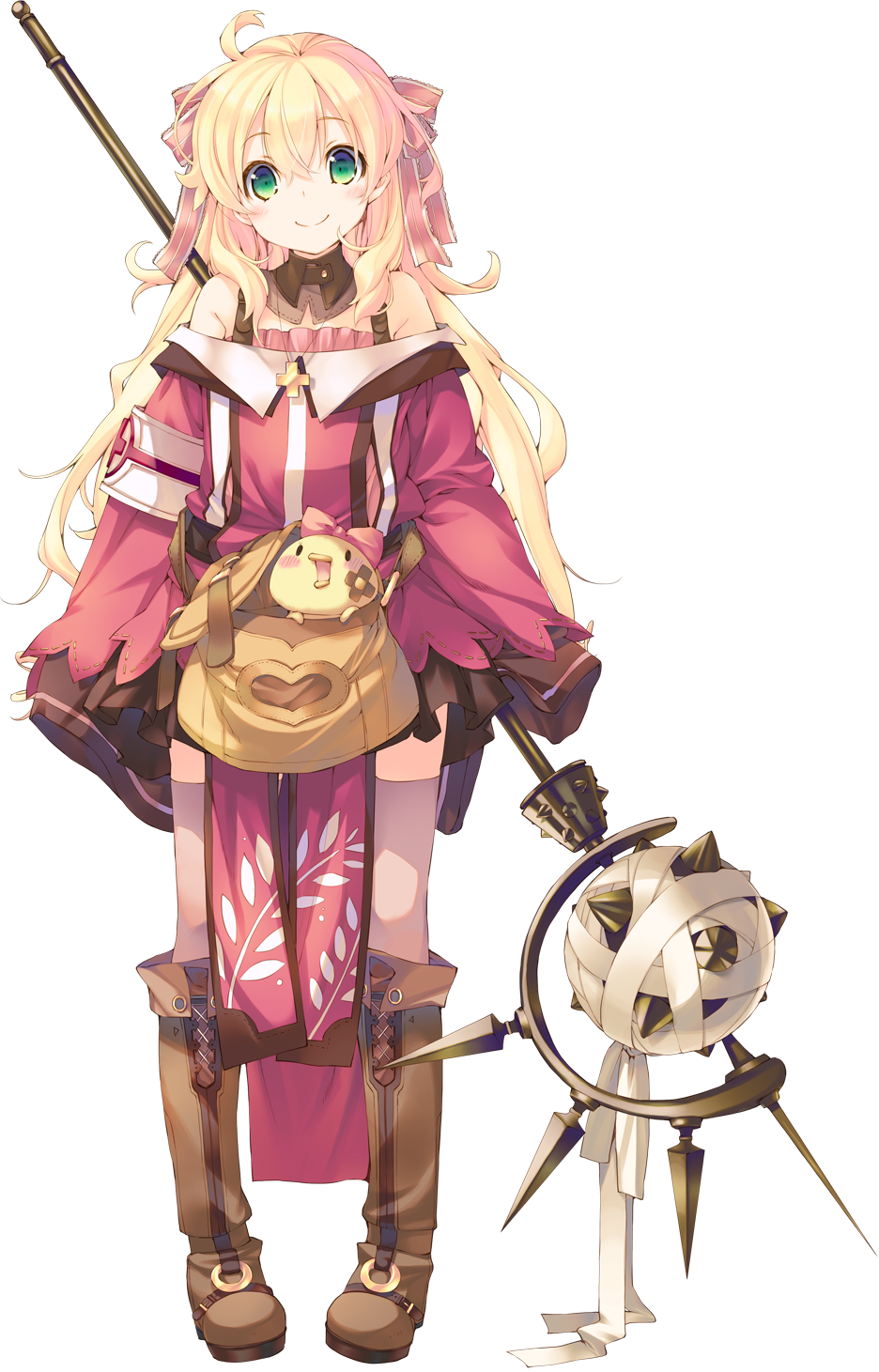 1girl aquaplus blonde_hair boots dungeon_travelers_2 erthuricia_vitor_de_ritzhevin female_focus full_body green_eyes hair_ribbon highres holding kokonoka long_hair long_sleeves looking_at_viewer official_art ribbon sleeves_past_wrists smile solo staff transparent_background