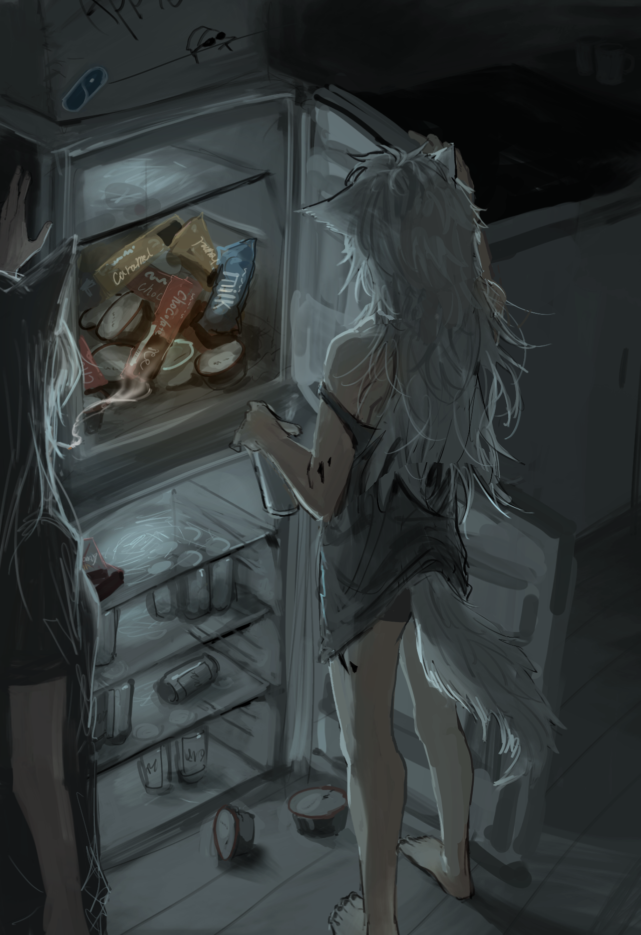 2girls alternate_costume animal_ears arknights barefoot beer_can black_hair black_panties black_shirt black_tank_top can drink_can facing_away food from_behind hand_up highres ice_cream indoors kitchen lappland_(arknights) long_hair loungewear material_growth messy_hair multiple_girls mutomorokoshi night no_pants open_door oripathy_lesion_(arknights) panties refrigerator shirt short_sleeves standing strap_slip tail tank_top texas_(arknights) underwear white_hair wolf_ears wolf_girl wolf_tail