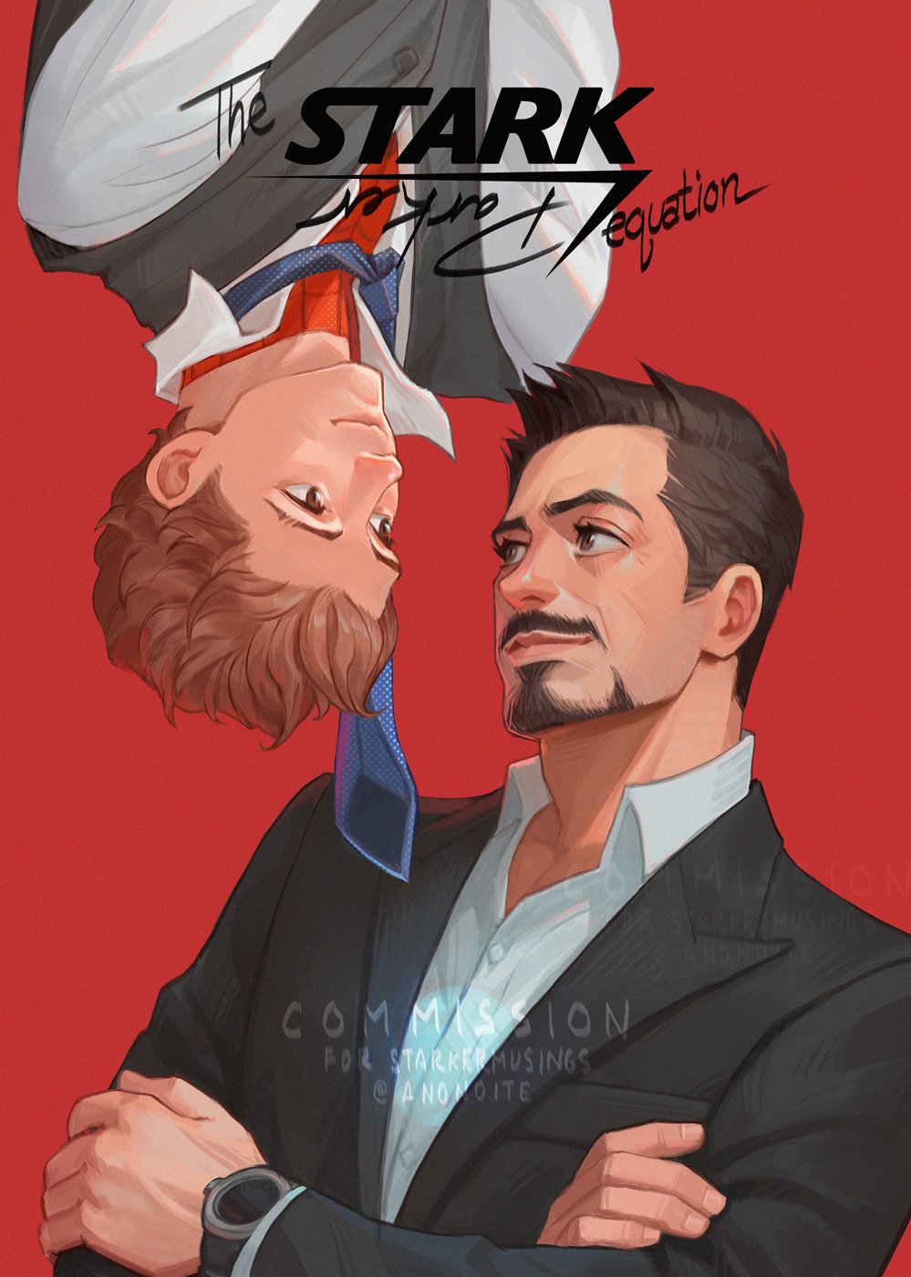 2boys anonoite artist_name black_jacket blue_necktie bodysuit brown_eyes brown_hair buttons closed_mouth collared_shirt commentary commission crossed_arms english_commentary english_text facial_hair formal_clothes grey_vest highres jacket lapels long_sleeves looking_at_another male_focus marvel marvel_cinematic_universe multiple_boys necktie peter_parker red_background red_bodysuit shirt short_hair simple_background smile spider-man spider_web_print suit_jacket superhero_costume tony_stark upper_body upside-down vest watch watermark white_shirt wristwatch
