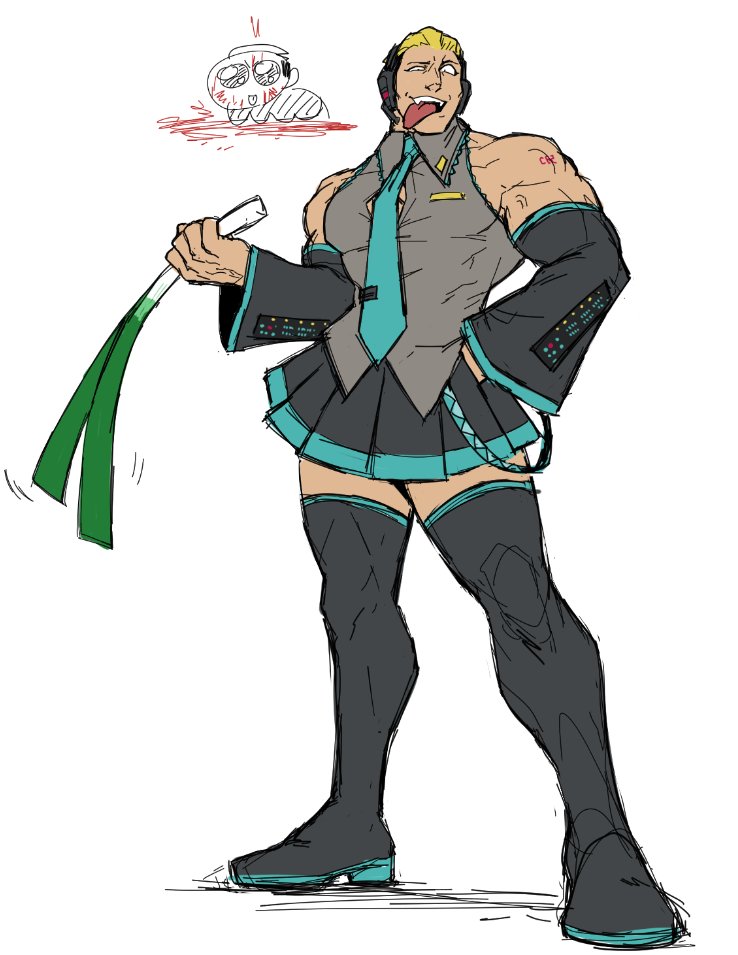 1boy :p all_fours aqua_necktie bara bare_shoulders black_sleeves black_thighhighs blonde_hair blood blood_on_face chibi chibi_inset cosplay detached_sleeves doodle_inset grey_shirt hatsune_miku hatsune_miku_(cosplay) headphones headset large_pectorals looking_at_viewer male_focus muscular muscular_male necktie nyaattoberritto open_mouth pectorals pleading_eyes pleated_skirt sanpaku shirt short_hair skirt solo spring_onion the_king_of_fighters thick_thighs thighhighs thighs tongue tongue_out vocaloid yamazaki_ryuuji zettai_ryouiki