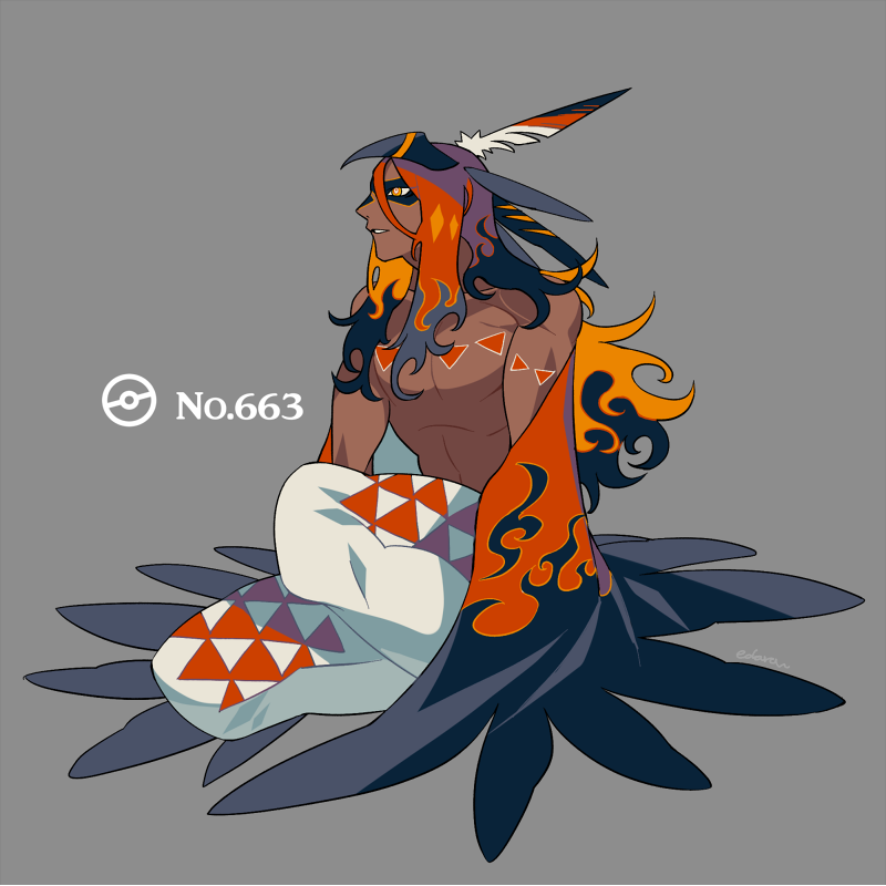 1boy black_hair colored_tips dark-skinned_male dark_skin edarow feather_hair_ornament feathers full_body gen_6_pokemon grey_background hair_ornament long_hair looking_to_the_side male_focus multicolored_hair native_american nintendo orange_eyes orange_hair personification pokemon red_hair simple_background solo squatting talonflame topless_male very_dark_skin very_long_hair
