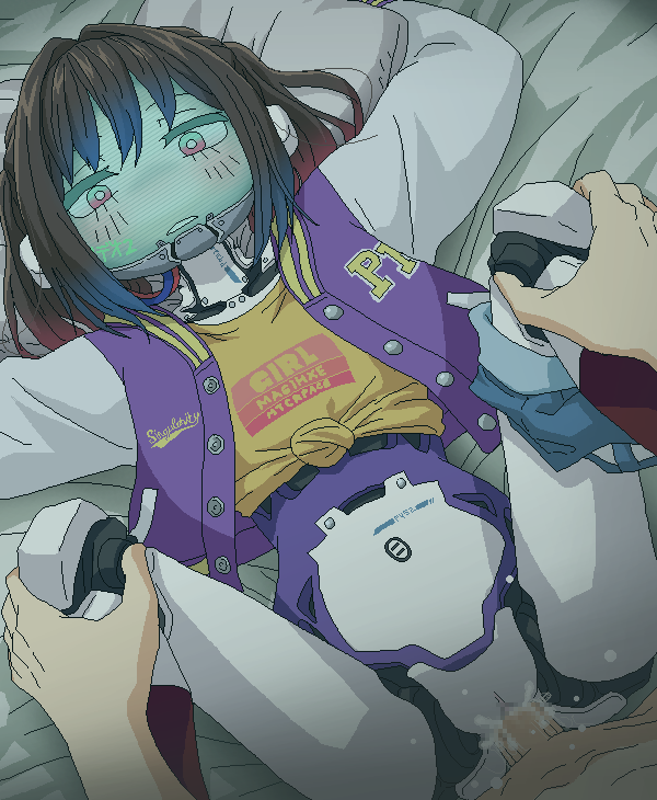 1boy 1girl brown_hair censored clothed_sex commission crop_top cyborg hetero jacket joints letterman_jacket makina_(milky_highway) medium_hair midriff milky_highway missionary mosaic_censoring penis pixiv_commission pussy robophilia robot robot_girl robot_joints s sex spread_legs tomu_(tomubobu)