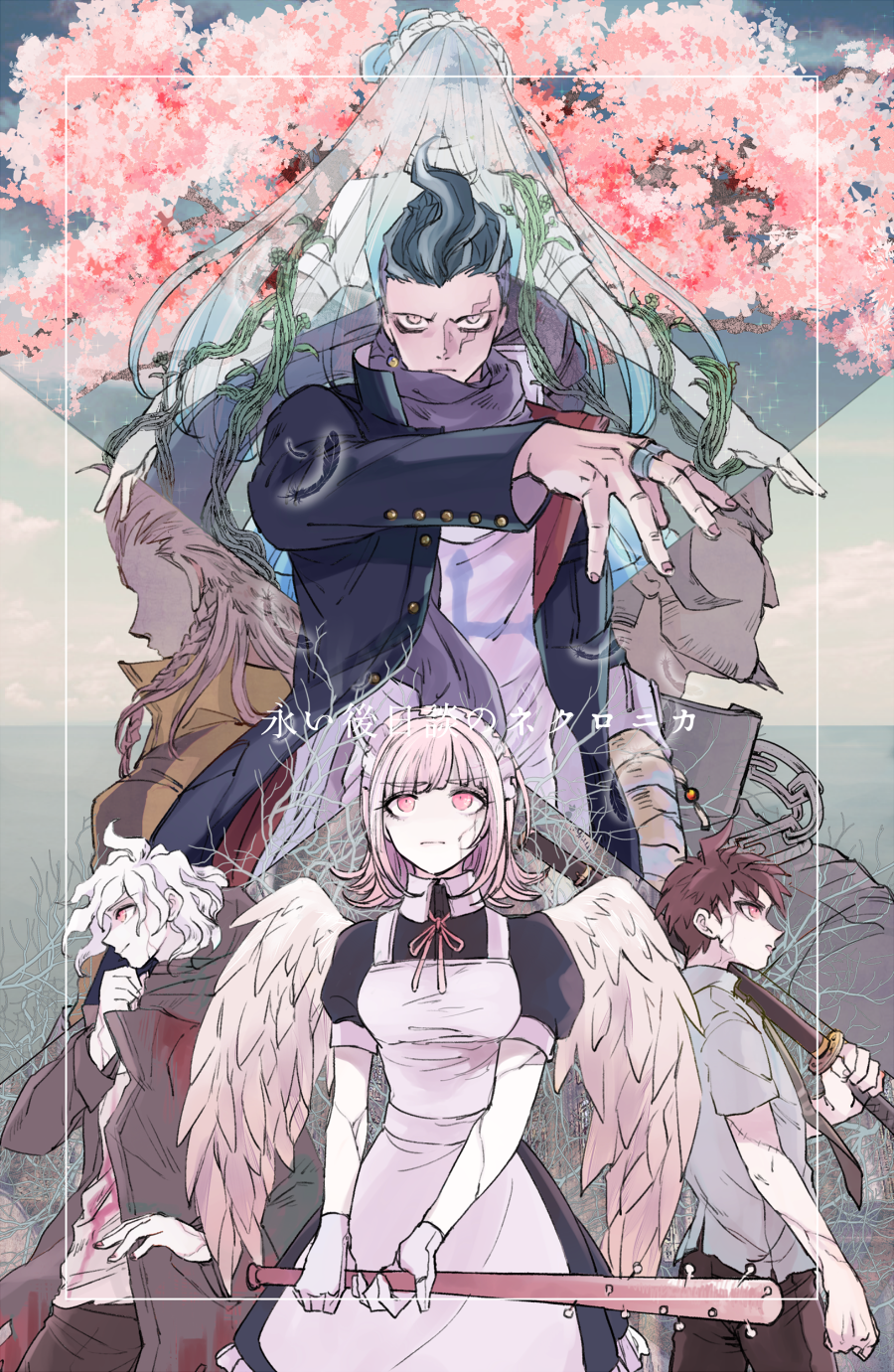 1girl 5boys alternate_costume angel_wings danganronpa_(series) goro_nyanko highres hinata_hajime holding holding_weapon komaeda_nagito multiple_boys nanami_chiaki necktie nidai_nekomaru pink_eyes pink_hair short_hair soda_kazuichi danganronpa_2:_goodbye_despair tanaka_gundham weapon white_hair wings