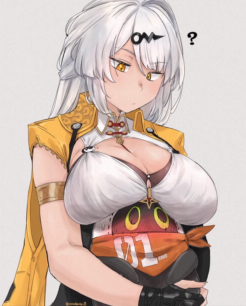 1girl ? armlet bandana bandana_around_neck bangboo_(zenless_zone_zero) black_gloves blush breasts cleavage closed_mouth commentary_request eous_(zenless_zone_zero) expressionless fingerless_gloves gloves gold_armlet grey_background hair_ornament hairpin jacket jewelry large_breasts long_hair looking_at_creature looking_down mole mole_on_breast parted_bangs shirt simple_background tama_(tamathersky) upper_body white_hair white_shirt yellow_eyes yellow_jacket yi_xuan_(zenless_zone_zero) zenless_zone_zero