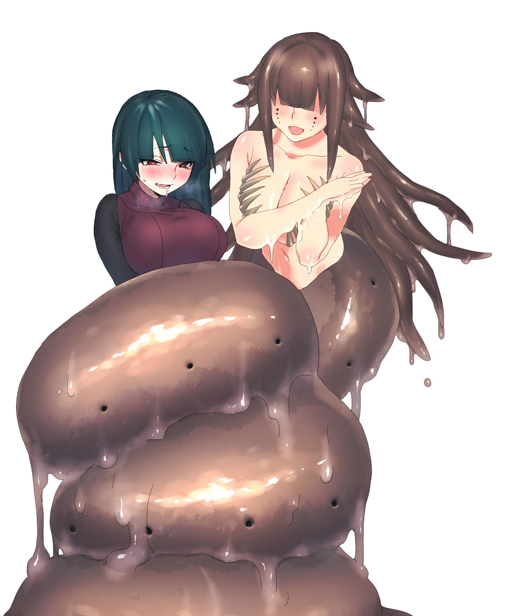 2girls blunt_bangs blush breasts brown_hair cleavage commission completely_nude covered_eyes dark_green_hair drooling facial_mark hagfish_(animal) heart heart-shaped_pupils highres long_hair mermaid monster_girl multiple_girls nintendo nude ooshio7734 open_mouth original own_hands_together pokemon pokemon_lgpe red_eyes restrained sabrina_(pokemon) saliva simple_background skeb_commission slime_(substance) slimy smile symbol-shaped_pupils tentacle_hair torogao turtleneck white_background yuri