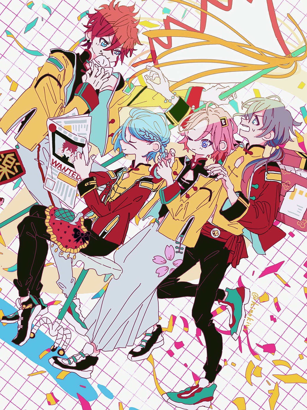 4boys ahoge amagi_rinne apron aqua_shoes black_footwear black_pants black_shirt blue_eyes blue_hair blue_skirt braid braiding_hair buttons cherry_blossom_print chinese_clothes cleavage_cutout closed_eyes closed_mouth clothing_cutout collared_shirt confetti crazy_b_(ensemble_stars!) crossdressing dumpling dutch_angle eating ensemble_stars! floral_print food frilled_apron frills full_body grey_hair grey_pants grid_background hair_bobbles hair_ornament hair_over_shoulder hairdressing highres himeru_(ensemble_stars!) hinokivv holding holding_food holding_newspaper holding_staff jacket jiaozi long_hair long_sleeves male_focus multiple_boys newspaper on_stool one_eye_closed open_clothes open_jacket open_mouth oukawa_kohaku pants pectoral_cleavage pectorals pink_hair pink_pupils pleated_skirt polka_dot polka_dot_apron ponytail red_apron red_hair red_jacket red_sash sash shiina_niki shirt shoes short_ponytail shoulder_pads single_braid sitting skirt sneakers staff standing sweatdrop teeth twitter_username upper_teeth_only v-shaped_eyebrows waist_apron waist_sash white_background yellow_jacket yellow_shirt