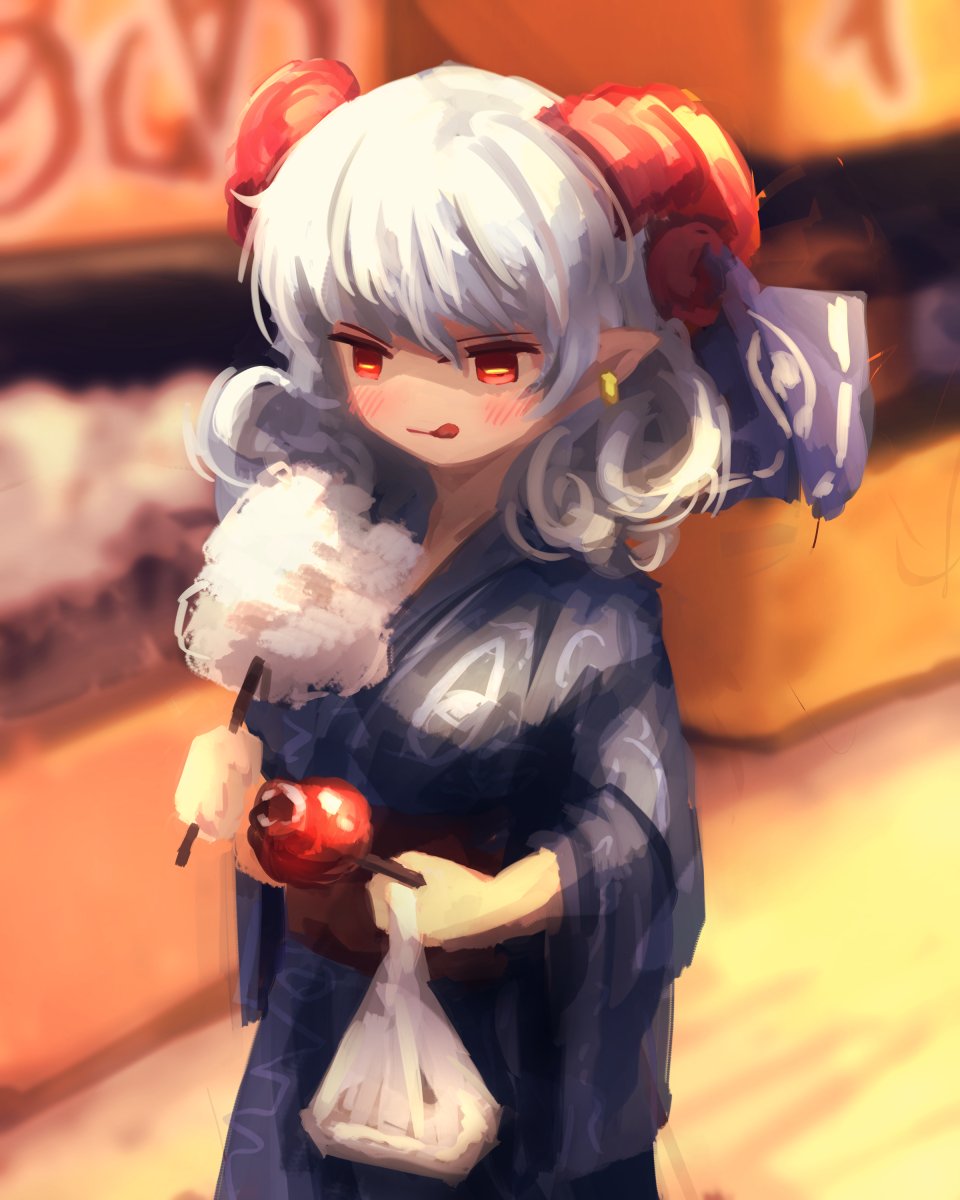 1girl :q alternate_costume bag blush candy_apple cotton_candy earrings food garakuraku highres holding holding_bag holding_cotton_candy holding_food horn_ornament horn_ribbon horns japanese_clothes jewelry kimono pointy_ears ribbon solo summer_festival tongue tongue_out touhou toutetsu_yuuma white_hair