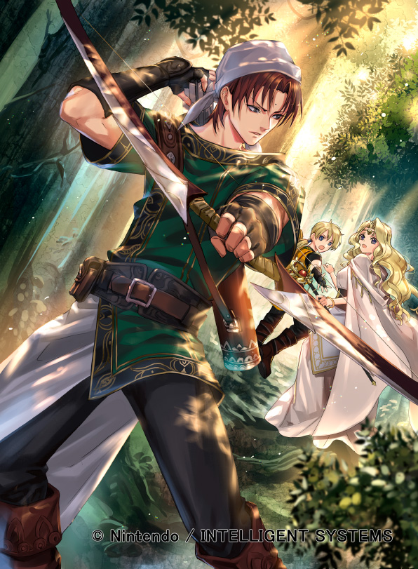 1girl 2boys arrow_(projectile) back bandana blonde_hair boots bow_(weapon) brown_eyes brown_hair circlet curly_hair dew_(fire_emblem) edain_(fire_emblem) facial_mark fire_emblem fire_emblem_cipher forehead_mark jamke_(fire_emblem) kuroba.k leaf long_hair low_ponytail multiple_boys nintendo official_art open_mouth ponytail quiver tree weapon