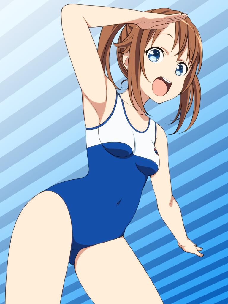 1girl blue_background blue_eyes breasts brown_hair covered_navel high_ponytail high_school_fleet medium_hair misaki_akeno one-piece_swimsuit open_mouth ponytail round_teeth salute school_swimsuit short_ponytail small_breasts smile solo striped_background swimsuit teeth two-tone_swimsuit upper_teeth_only yagitori yokosuka_girls_marine_high_school_swimsuit