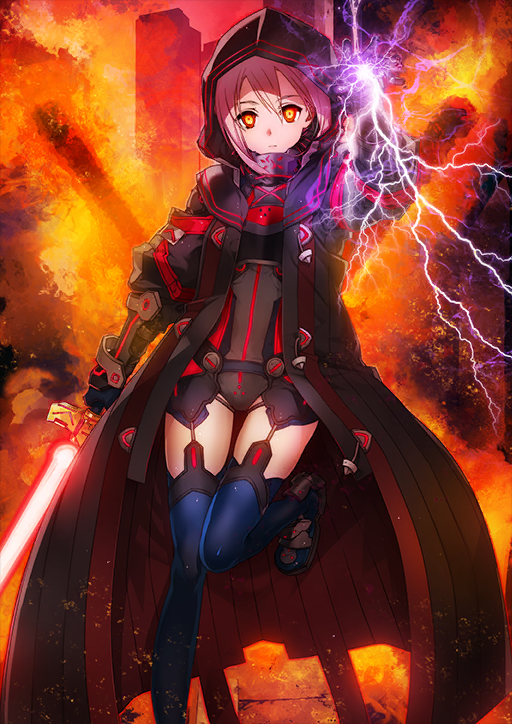 1girl arm_armor arm_at_side arm_up armor armored_boots armored_leotard artoria_pendragon_(fate) black_armor black_coat blonde_hair blue_gloves blue_thighhighs boots breasts bunbun cape closed_mouth coat cross_calibur_(fate) double-parted_bangs electricity electrokinesis energy_sword expressionless fate/grand_order fate_(series) fiery_background fire foot_out_of_frame gloves glowing glowing_sword glowing_weapon gorget hair_between_eyes holding holding_sword holding_weapon hood hood_up hooded_cape hooded_coat leg_up legwear_garter leotard lightning long_coat looking_at_viewer multicolored_hair mysterious_heroine_x_alter_(fate) mysterious_heroine_x_alter_(third_ascension)_(fate) official_art open_clothes open_coat orange_background red_eyes short_sleeves sidelocks solo standing standing_on_one_leg sword thigh_gap thighhighs third-party_source two-tone_hair variant_set weapon yellow_eyes