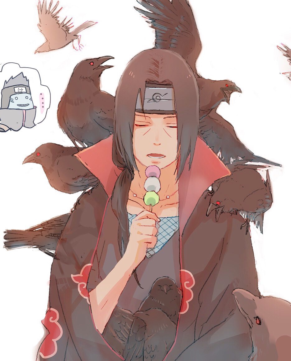 ... 2boys akatsuki_uniform bird black_hair closed_eyes crow dango food forehead_protector holding holding_food hoshigaki_kisame long_hair male_focus meitarou multiple_boys naruto_(series) naruto_shippuuden open_mouth uchiha_itachi wagashi
