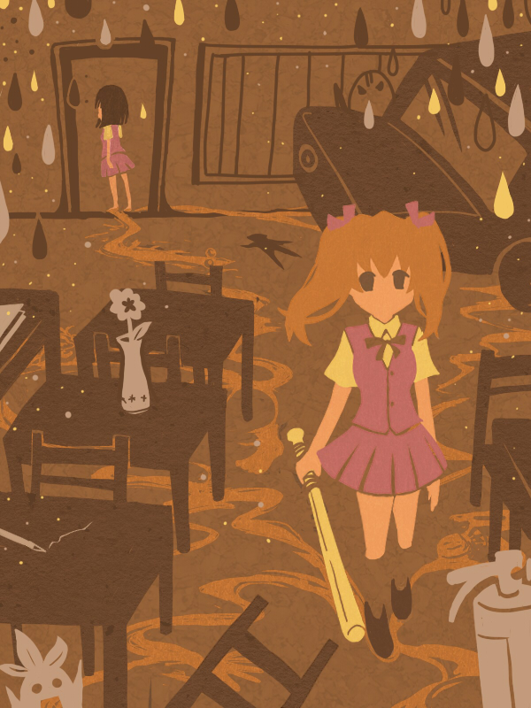 2girls aki_(misao) baseball_bat car chair flower full_body misao misao_(misao) motor_vehicle multiple_girls pencil rui_(2578290) rui_(blueapple) skirt table vase