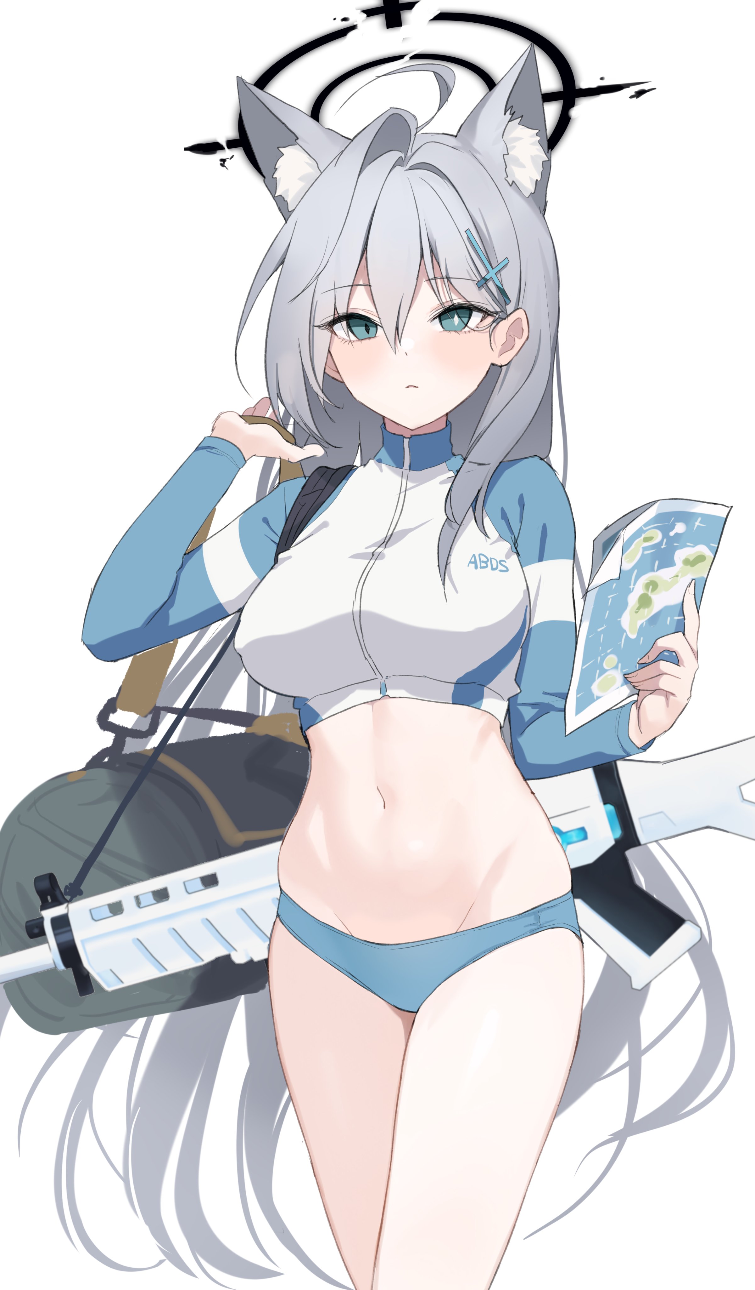 1girl absurdres ahoge animal_ear_fluff animal_ears assault_rifle bag bikini bikini_bottom_only blue_archive blue_bikini breasts closed_mouth cosplay covered_erect_nipples cowboy_shot crop_top cropped_jacket duffel_bag expressionless extra_ears fox_ears goyain green_eyes grey_hair gun hair_ornament hairclip halo hand_up highres holding holding_map jacket large_breasts long_hair long_sleeves looking_at_viewer map midriff mismatched_pupils navel no_headwear raglan_sleeves rifle saki_(blue_archive) saki_(blue_archive)_(cosplay) saki_(swimsuit)_(blue_archive) shiroko_(blue_archive) shiroko_terror_(blue_archive) sig_sauer_556 simple_background solo standing stomach swimsuit thighs very_long_hair weapon weapon_on_back white_background white_jacket
