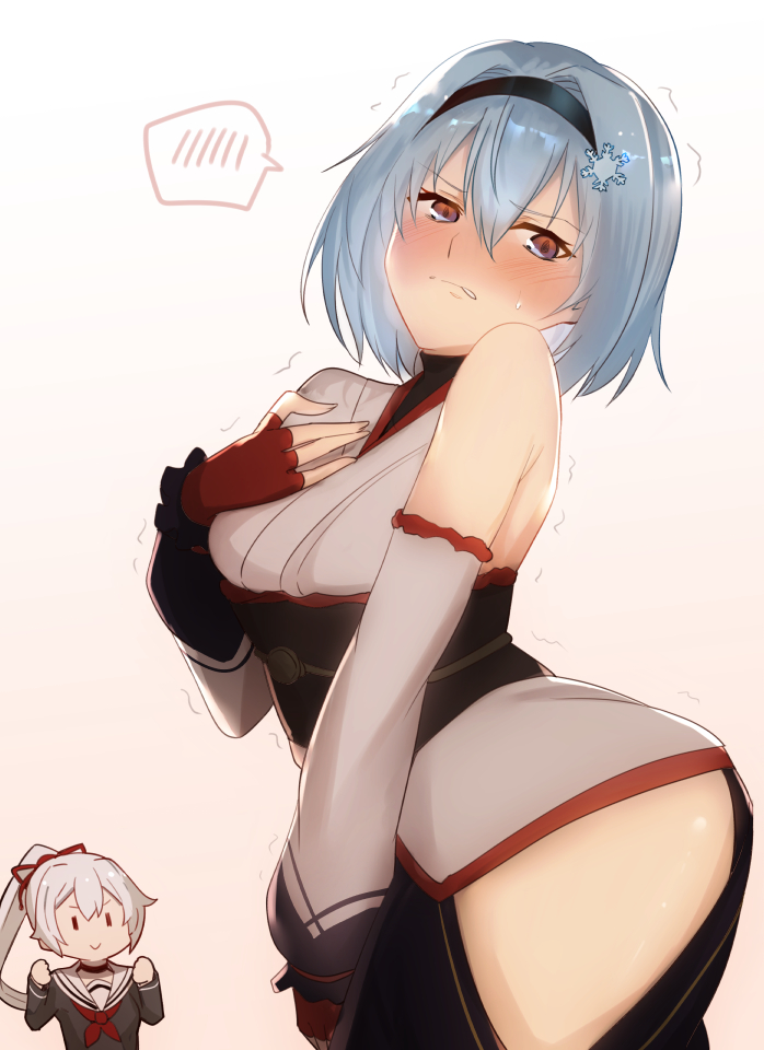 10s 2girls arito_arayuru asymmetrical_sleeves blush breast_envy chibi chibi_inset cosplay costume_switch detached_sleeves fate/grand_order fate_(series) fingerless_gloves gloves hair_between_eyes hair_ornament hair_ribbon hip_vent kanemoto_hisako looking_at_viewer multiple_girls ponytail red_gloves red_ribbon ribbon ryuuou_no_oshigoto! school_uniform serafuku short_hair silver_hair simple_background single_detached_sleeve smile snowflake_hair_ornament sora_ginko spoken_blush sweatdrop tomoe_gozen_(fate) trembling uneven_sleeves voice_actor_connection white_background white_sleeves