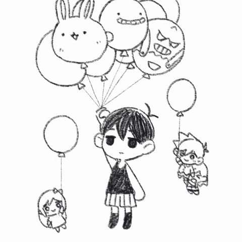 1boy aubrey_(headspace)_(omori) aubrey_(omori) balloon boss_(omori) character_balloon character_doll chibi chibi_only closed_mouth doll expressionless forest_bunny_(omori) greyscale hero_(headspace)_(omori) hero_(omori) holding holding_balloon humphrey_(omori) kel_(headspace)_(omori) kel_(omori) lowres male_focus monochrome omori omori_(omori) short_hair shorts simple_background socks sun_iiinu tank_top