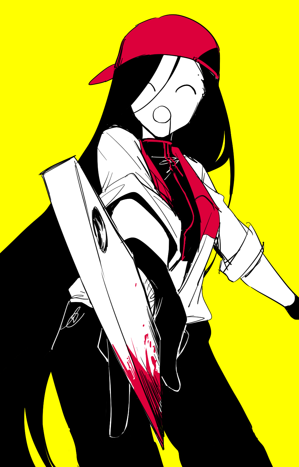 1girl ^_^ ^q^ backwards_hat baseball_cap black_gloves black_hair black_pants black_shirt blood bloody_weapon butcher_vanity_(synthesizer_v) cleaver closed_eyes cowboy_shot gloves hair_between_eyes hat highres holding holding_cleaver jacket long_hair mole mole_above_eye mugimaro35 open_mouth pants red_hat red_trim shirt simple_background solo synthesizer_v vimalion_pro weapon white_jacket yellow_background yi_xi_(synthesizer_v)