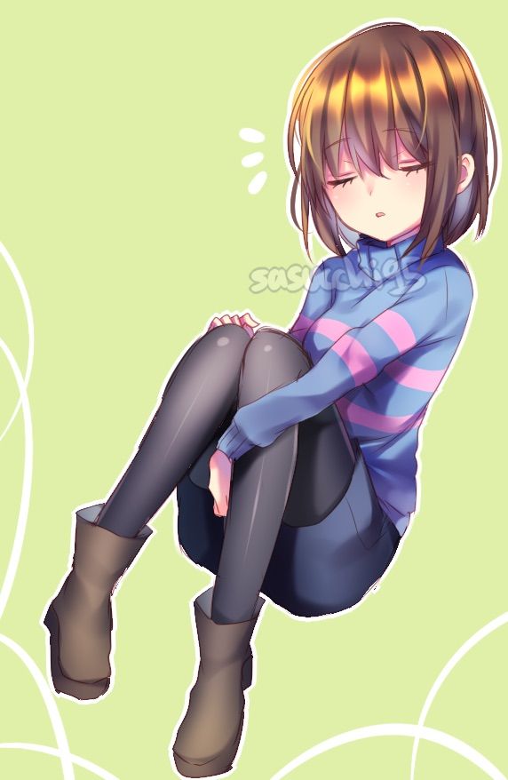 1girl ankle_boots arm_between_legs artist_name black_pantyhose blue_shorts blue_sweater bob_cut boots breasts brown_boots brown_hair closed_eyes colored_inner_hair commentary english_commentary facing_viewer frisk_(undertale) full_body genderswap genderswap_(otf) green_background grey_hair hair_between_eyes hand_on_own_knee knees_up multicolored_hair notice_lines outline pantyhose pantyhose_under_shorts parted_lips pink_sweater sasucchi95 short_hair shorts simple_background small_breasts solo striped_clothes striped_sweater sweater turtleneck turtleneck_sweater two-tone_hair two-tone_sweater u_u undertale white_outline
