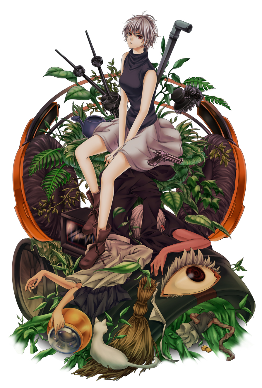 .flow 1girl boots cat gun handgun hat headphones highres lead_pipe looking_at_viewer olmatown pistol plant red_eyes sabitsuki sabitsuki_(cat) short_hair simple_background sitting skirt sleeveless television watering_can weapon whistle white_background white_hair