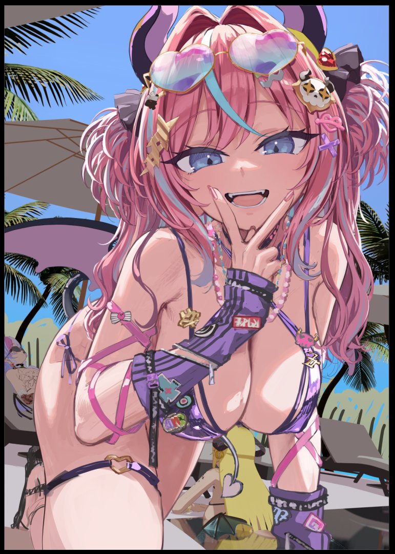 all_fours aqua_hair bare_shoulders bikini breasts bridal_gauntlets cleavage eyewear_on_head hair_ornament hair_ribbon hakui_ami heart heart-shaped_eyewear horns large_breasts leaning leaning_forward long_hair looking_at_viewer multicolored_hair open_mouth original pink_hair ribbon skull_hair_ornament smile streaked_hair sunglasses swimsuit twintails v v_over_mouth