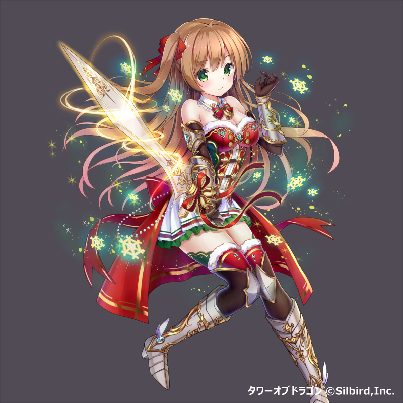 1girl armor armored_boots bad_id bad_pixiv_id bare_shoulders bell black_background black_gloves boots breasts brown_hair christmas cleavage company_name detached_collar elbow_gloves female_focus gloves glowing green_eyes grey_boots hair_ribbon holding holding_sword holding_weapon jingle_bell knee_boots knees_together_feet_apart long_hair one_side_up outstretched_arm ribbon sakura_honoka_(srhk0623) simple_background skirt smile snowflakes solo sword tower_of_dragon very_long_hair watermark weapon