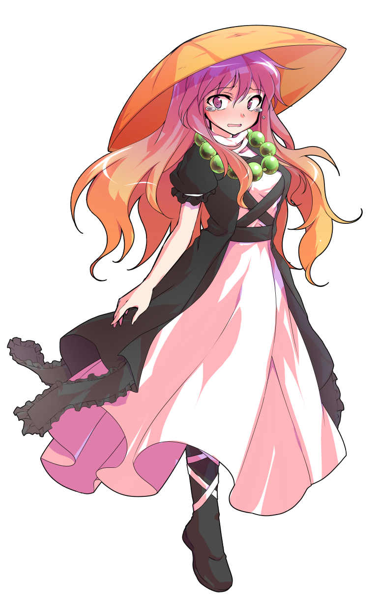 1girl ajirogasa alphes_(style) beads black_boots black_dress boots commentary_request dairi dress full_body gradient_hair hat highres hijiri_byakuren layered_dress long_hair looking_at_viewer multicolored_hair orange_hair parody prayer_beads puffy_short_sleeves puffy_sleeves purple_eyes purple_hair short_sleeves smile solo standing style_parody tachi-e touhou transparent_background turtleneck very_long_hair white_dress