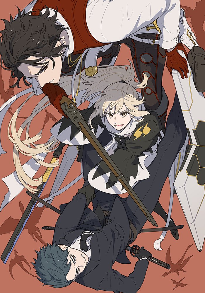 1girl 2boys belt belt_buckle black_gloves black_jacket black_neckwear black_pants black_suit blonde_hair brown_background brown_belt brown_eyes brown_hair buckle buttons dragon fate/grand_order fate_(series) floating floating_hair formal_clothes gloves grey_hair gun hair_between_eyes hijikata_toshizou_(fate) holding holding_gun holding_sword holding_weapon isshoku_(shiki) jacket japanese_clothes katana koha-ace long_hair long_sleeves looking_at_another looking_down looking_up multiple_boys necktie okita_j._souji_(fate) okita_j._souji_(second_ascension)_(fate) okita_souji_(fate) okita_souji_(koha-ace) open_clothes open_jacket open_mouth pants parted_lips pocket ponytail red_gloves rifle saitou_hajime_(fate) scarf sheath sheathed shinsengumi short_hair simple_background smile suit sword teeth uniform very_long_hair weapon white_belt white_scarf