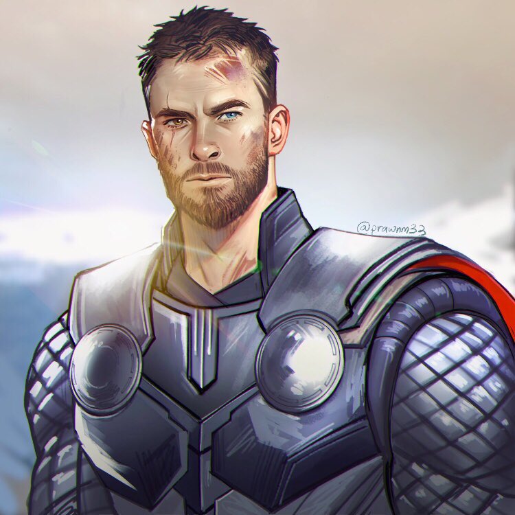 1boy armor avengers_(series) blue_eyes brown_eyes bruise bruise_on_face cape closed_mouth commentary english_commentary facial_hair heterochromia injury looking_to_the_side male_focus marvel marvel_cinematic_universe mistermagnolia red_cape scar scar_across_eye scar_on_face serious short_hair sideways_glance solo thor_(marvel) upper_body very_short_hair