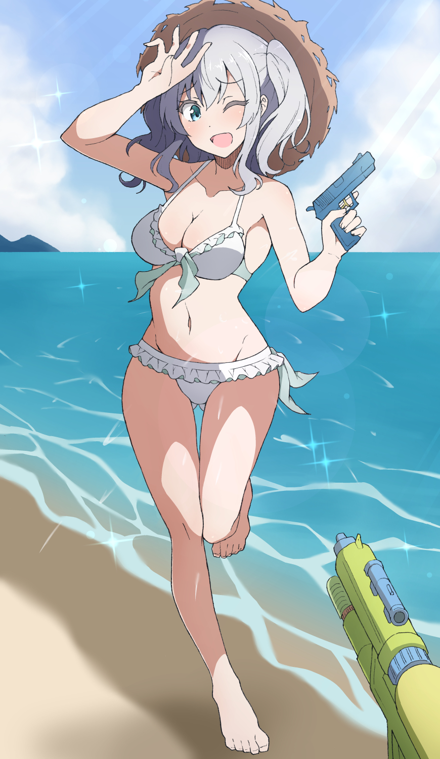 1girl barefoot beach bikini blue_eyes blush breasts cleavage cloud day frilled_bikini frills hat highres holding kantai_collection kashima_(kancolle) leg_up long_hair medium_breasts nel-c ocean one_eye_closed open_mouth outdoors sidelocks silver_hair sky sparkle swimsuit twintails water water_gun white_bikini
