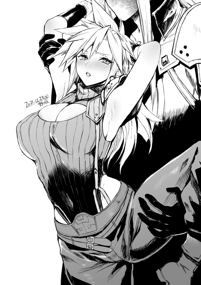 armor armpits black_gloves blush breasts cleavage cleavage_cutout clothing_cutout cloud_strife final_fantasy final_fantasy_vii genderswap genderswap_(mtf) gloves leg_lift long_hair monochrome open_mouth pants shoulder_armor simple_background white_background yajiro_masaru